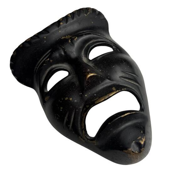 Vintage Brass Wall Mask Black Gold Tribal Face Art Decor Metal Sculpture Painted - Picture 2 of 8